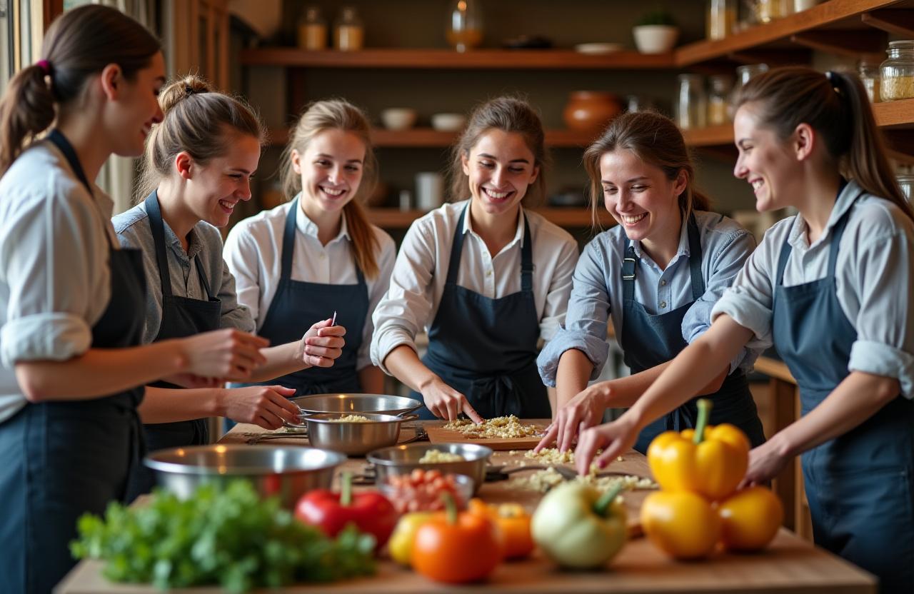 Students in an Italian cooking workshop in Florence